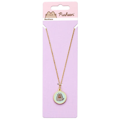 Colgante Pusheen con pizza, medallón azul y cadena dorada - 2