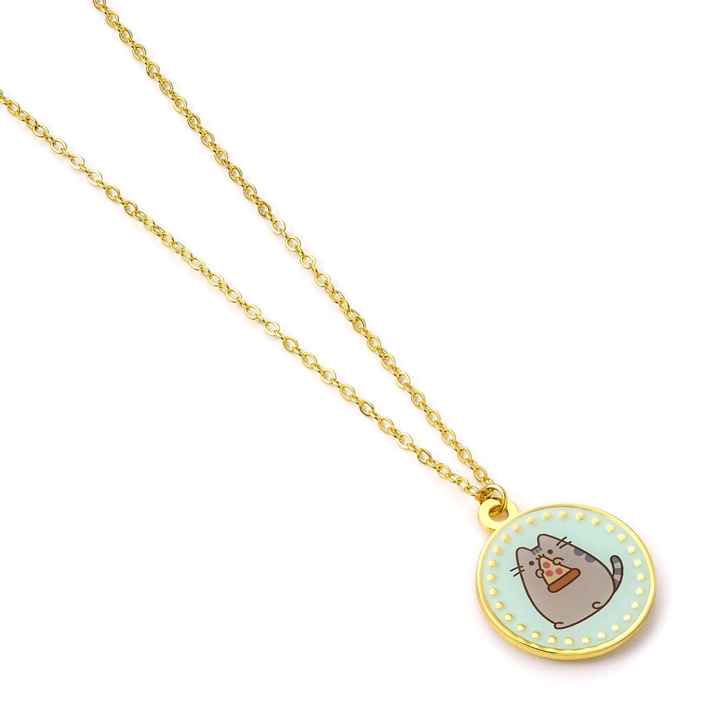 Colgante Pusheen con pizza, medallón azul y cadena dorada - 3