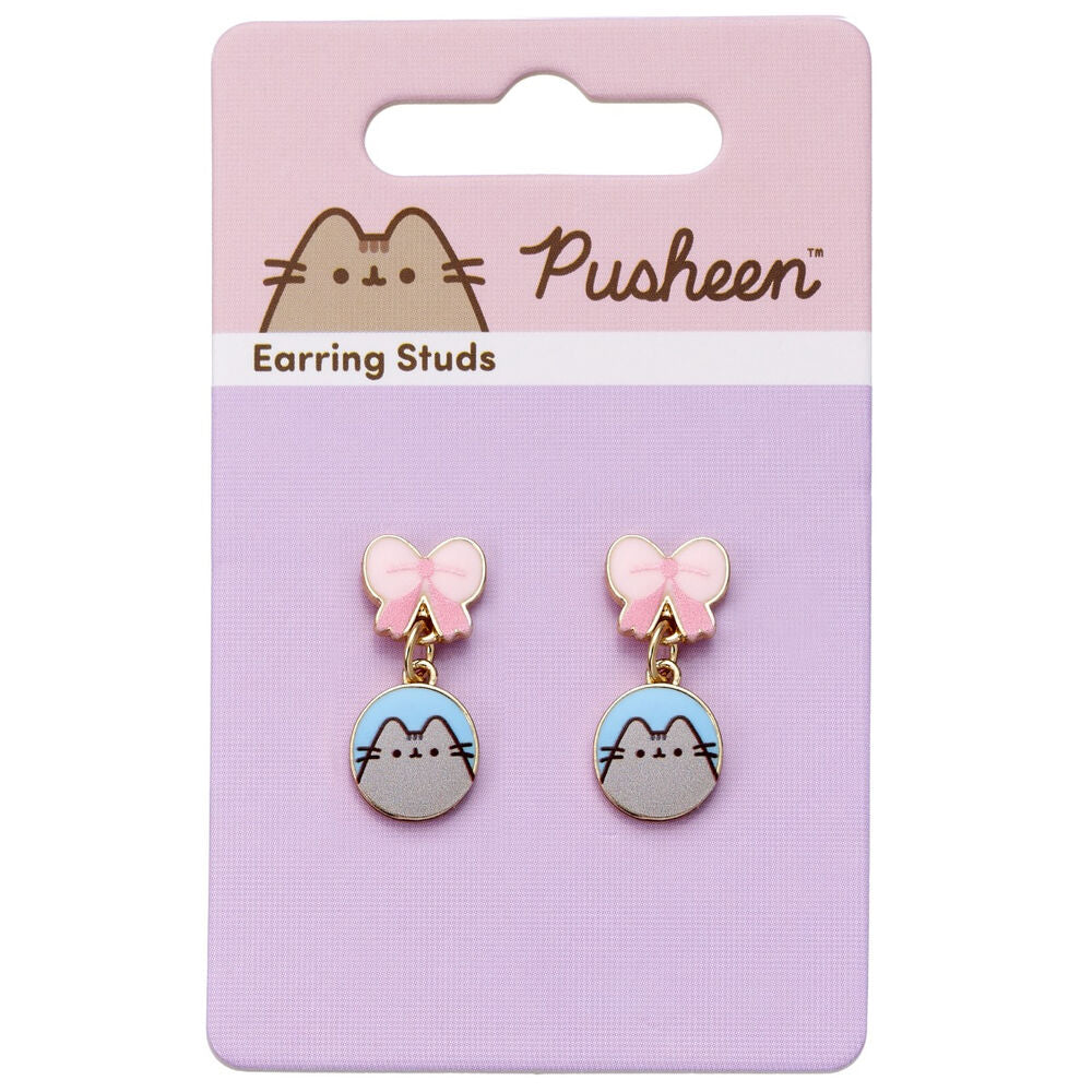 Pendientes colgantes Pusheen con lazos rosas y medallones dorados