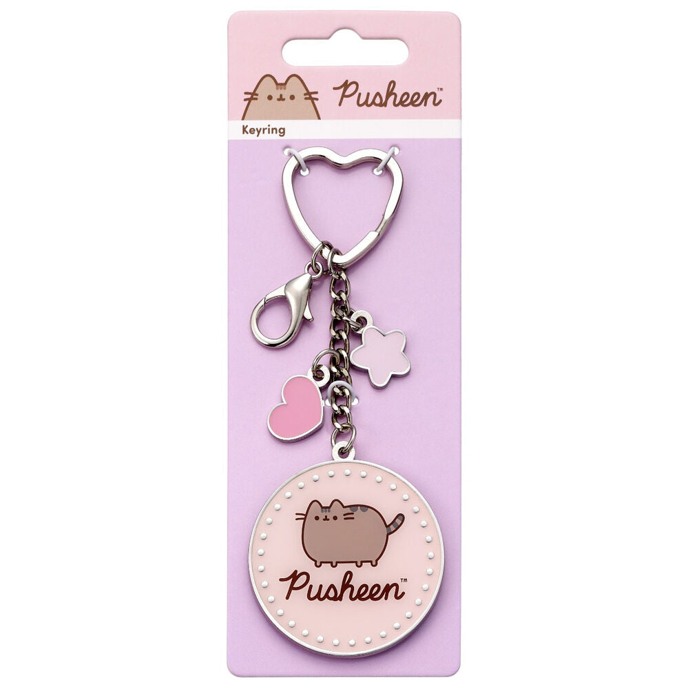 Llavero Pusheen rosa con anilla de corazón y charms