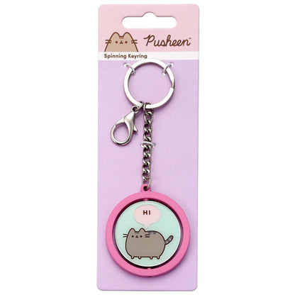 Llavero giratorio Pusheen rosa con mensaje HI