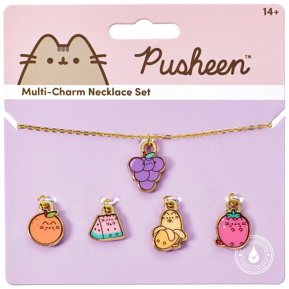 Collar Pusheen con cinco charms de frutas