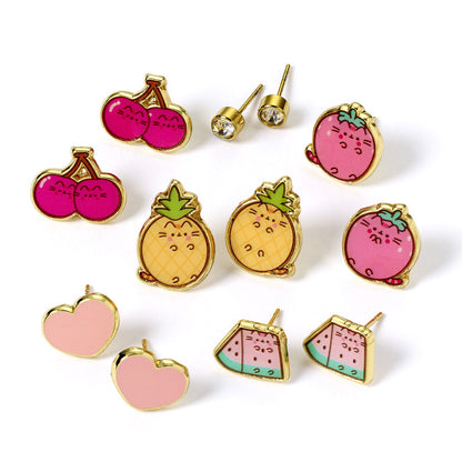 Set de seis pares de pendientes Pusheen con diseños de frutas, corazón y detalle brillante - 3