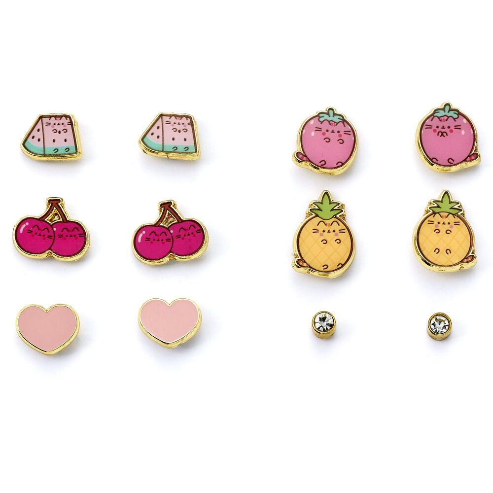 Set de seis pares de pendientes Pusheen con diseños de frutas, corazón y detalle brillante - 2