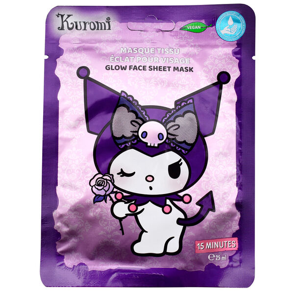 Mascarilla facial Glow de Kuromi Hello Kitty en envase morado