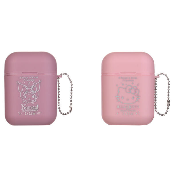 Set de dos labiales Hello Kitty y Kuromi en estuches rosas con cadena
