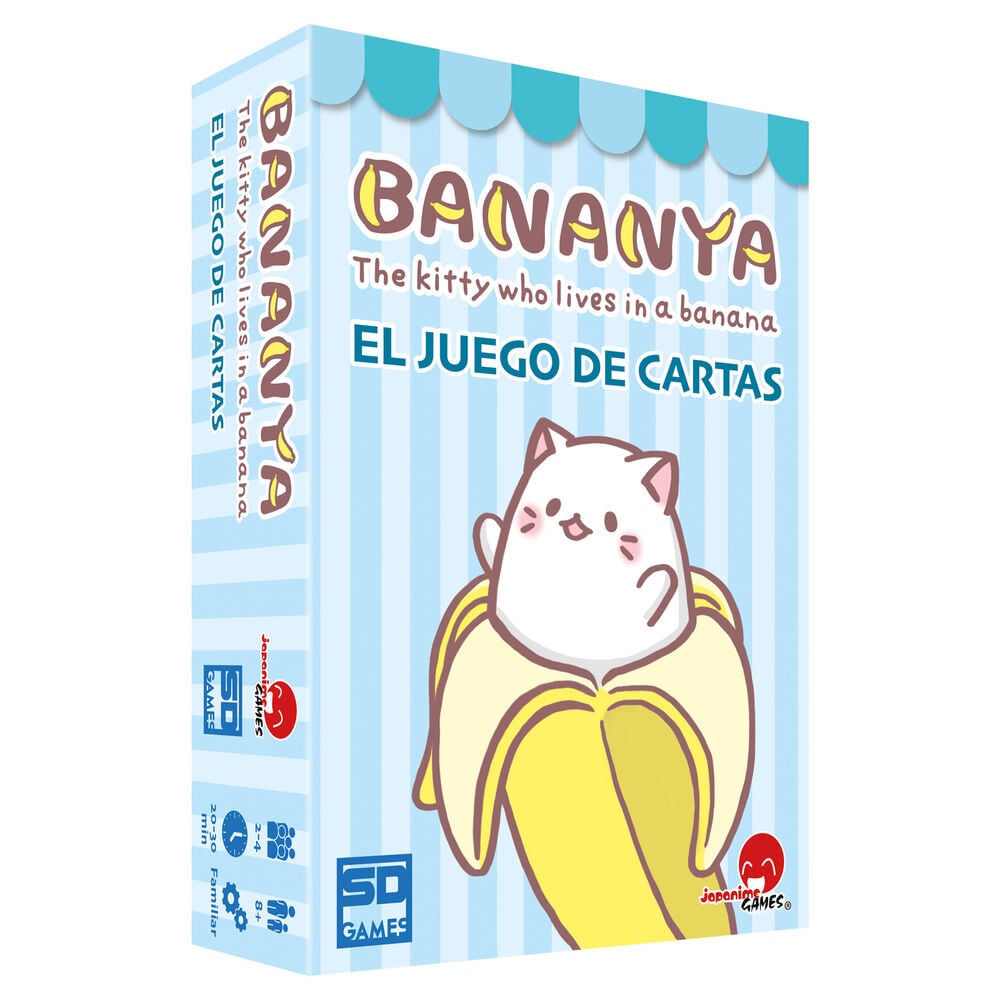 Caja del juego de cartas Bananya con un gato dentro de un plátano