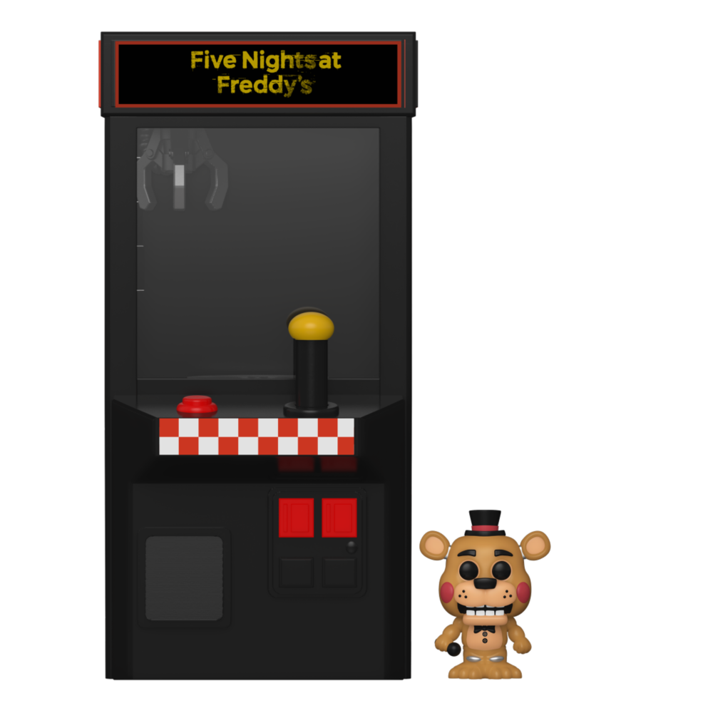 Figura Funko Bitty POP! Arcade de Toy Freddy junto a una máquina recreativa