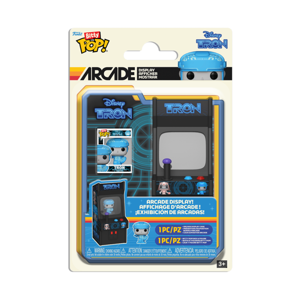 Figura FUNKO Bitty POP! Tron azul junto a un expositor arcade - 2
