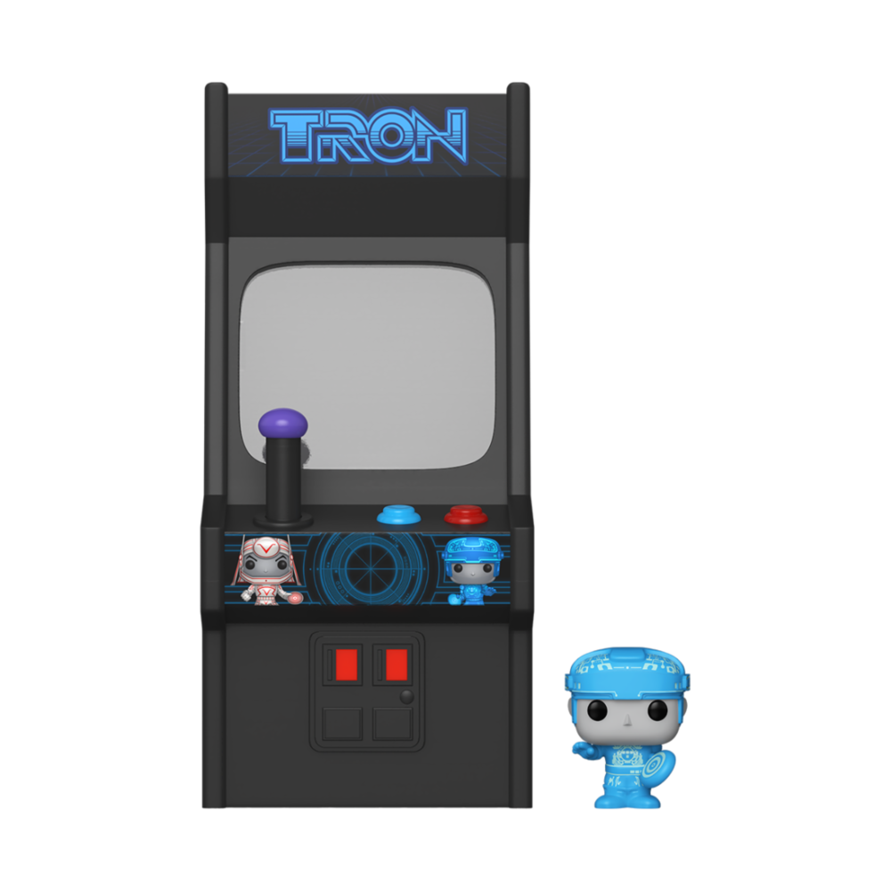 Figura FUNKO Bitty POP! Tron azul junto a un expositor arcade