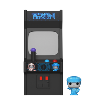 Figura FUNKO Bitty POP! Tron azul junto a un expositor arcade