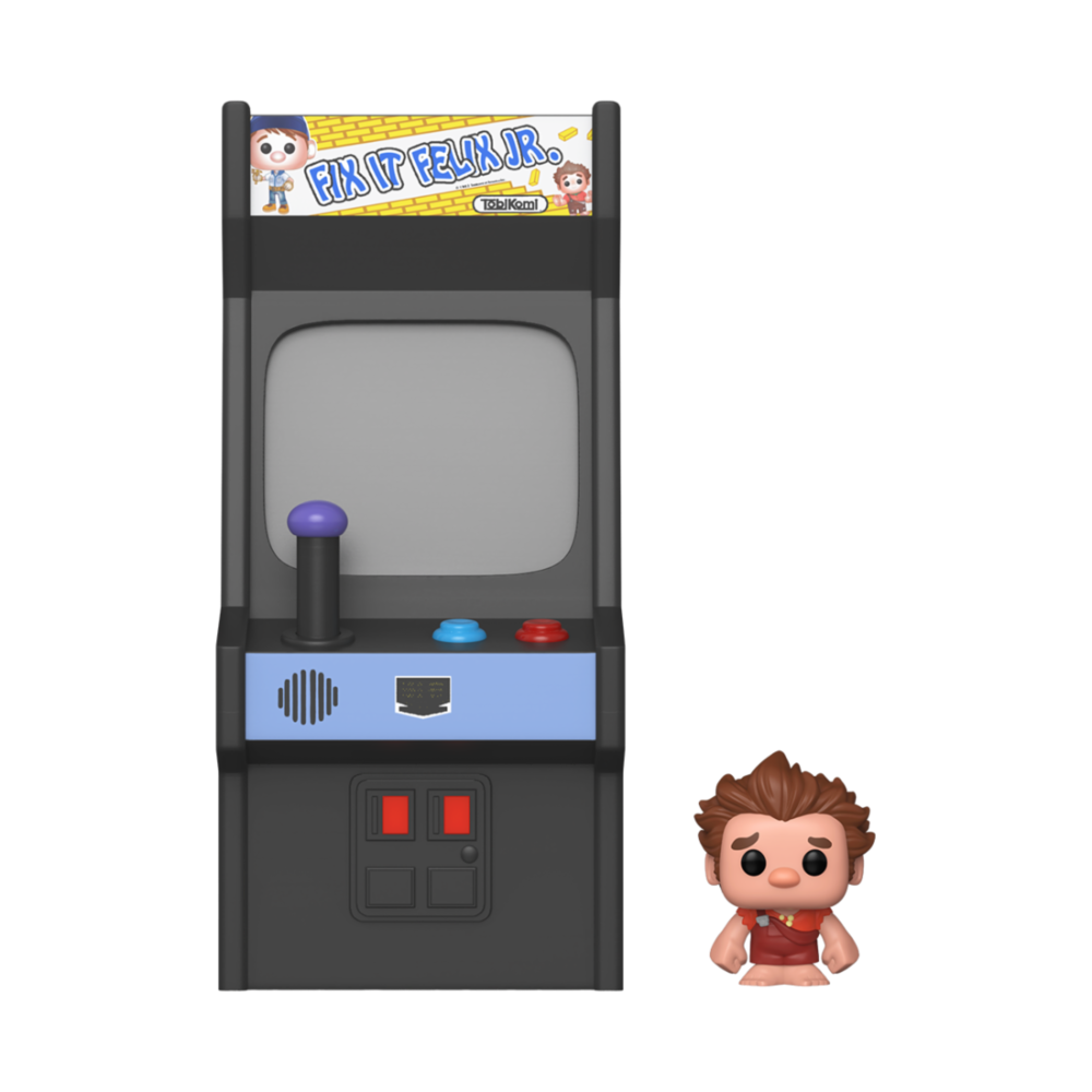 Figura Funko Bitty POP! de Wreck-It Ralph junto a una máquina arcade