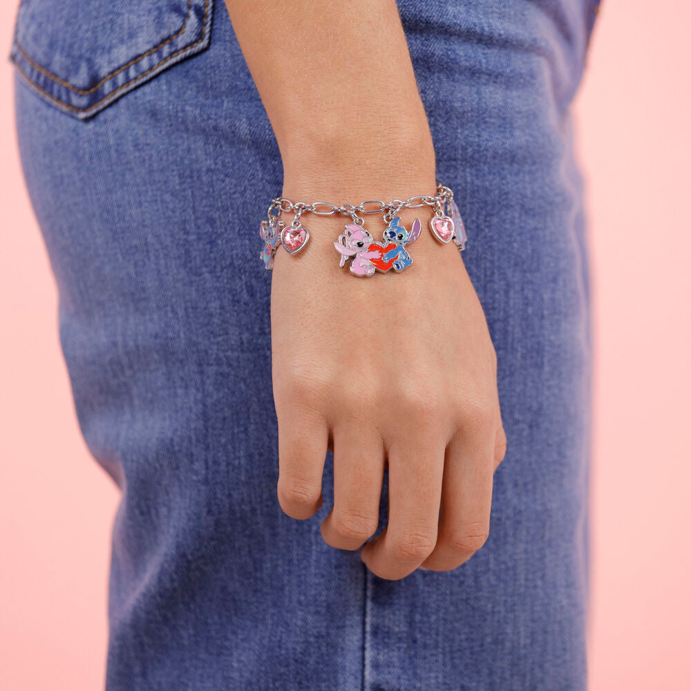 Pulsera charm chapada en oro con Stitch, Angel y corazones rosas - 4