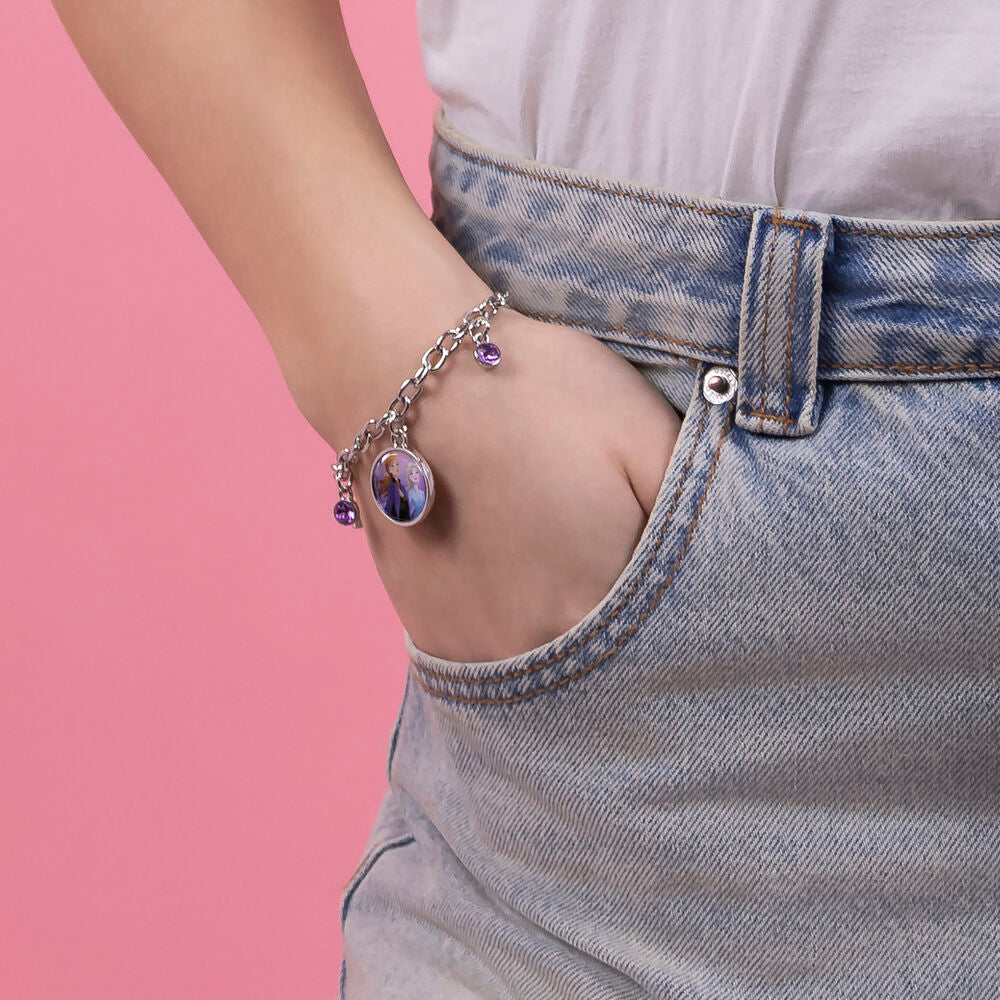 Pulsera de charms Frozen Disney con Anna, Elsa, copos de nieve y piedras púrpuras - 3