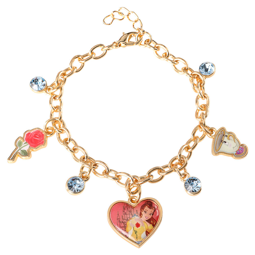 Pulsera dorada de charms Princesas Disney con Bella, la Rosa y Chip