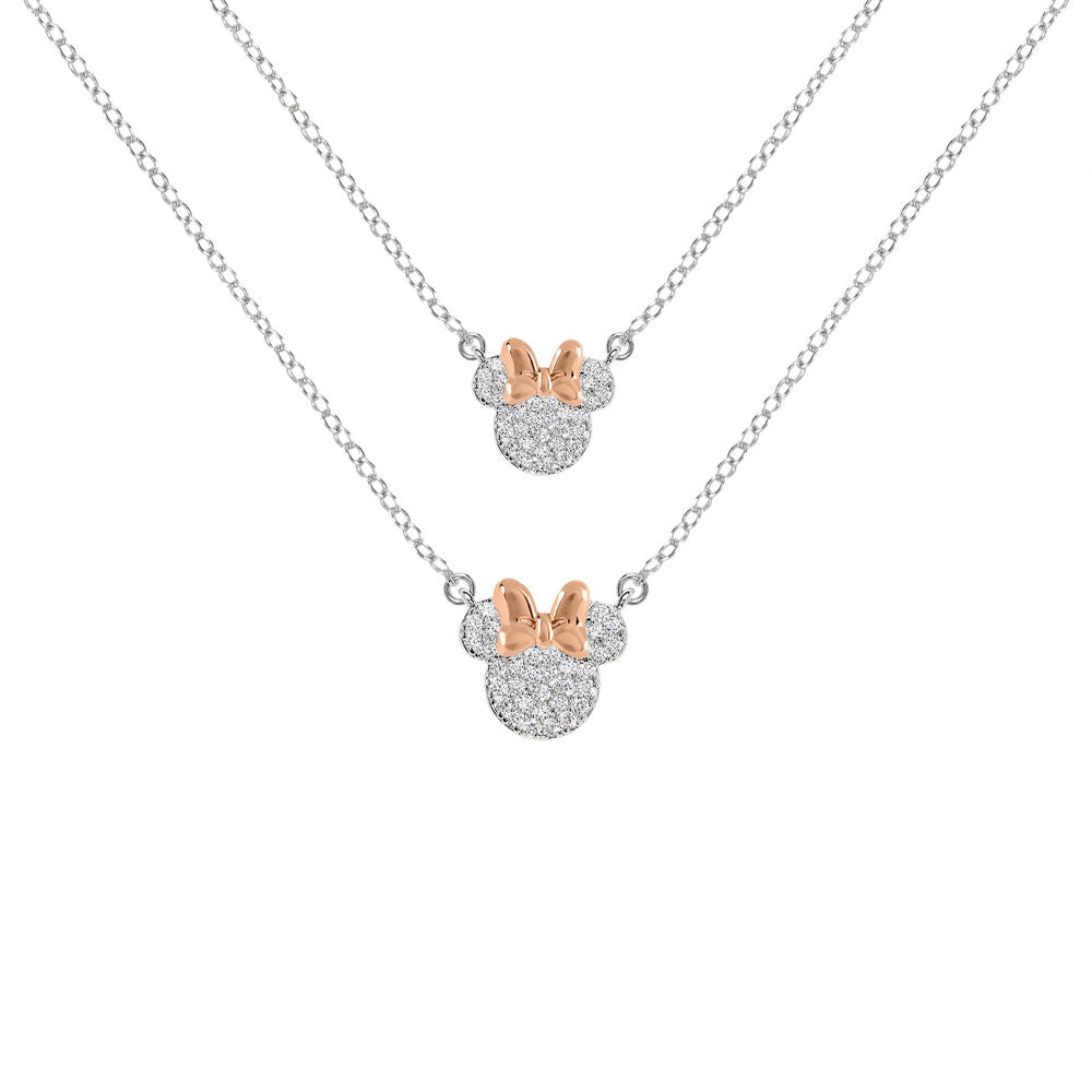 Set de dos colgantes Minnie Disney con lazos en oro rosa y circonitas