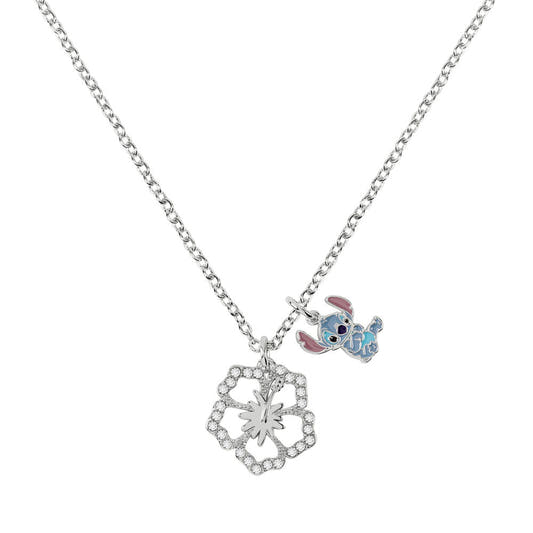 Colgante plateado de Stitch Disney con flor decorativa