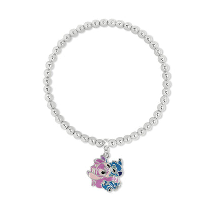 Pulsera expansible plateada de Disney con Stitch y Angel abrazándose
