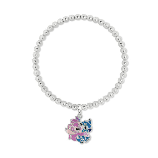 Pulsera expansible plateada de Disney con Stitch y Angel abrazándose