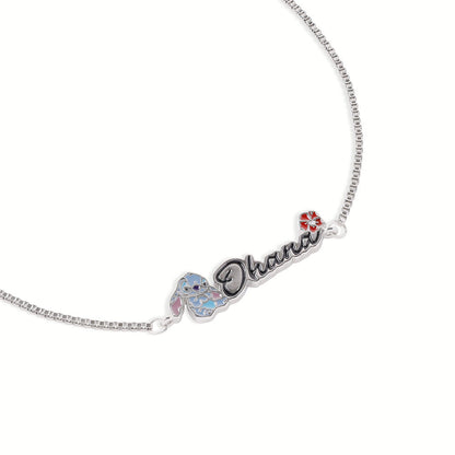 Pulsera de plata de ley con Stitch y texto Ohana - 2