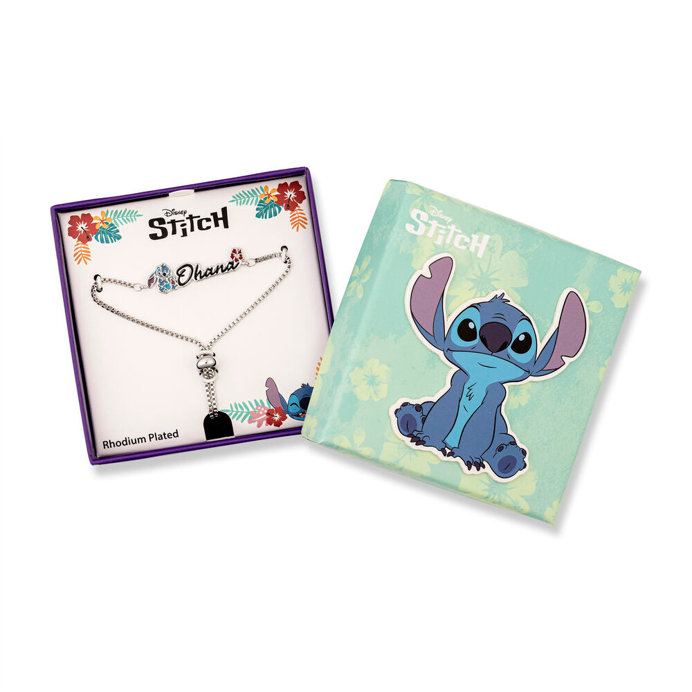 Pulsera de plata de ley con Stitch y texto Ohana - 3