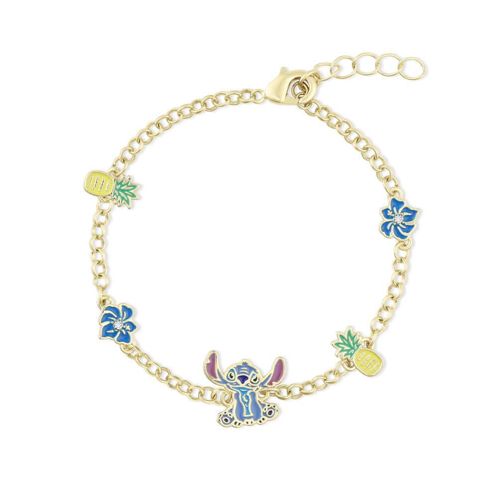 Pulsera Disney Stitch con dijes de piñas y flores azules