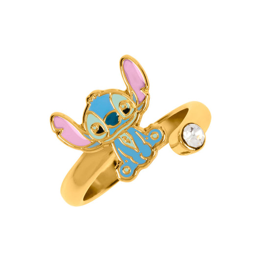 Anillo Stitch Disney chapado en oro con piedra transparente