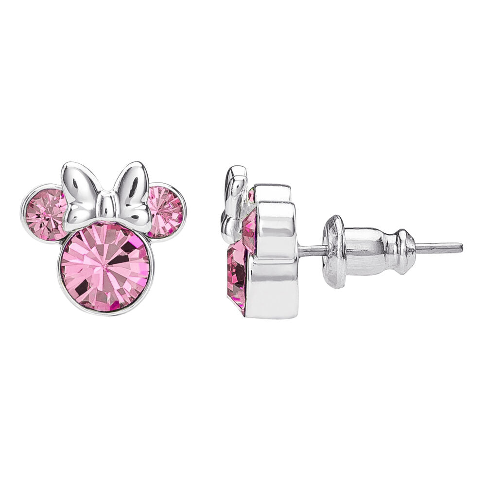Pendientes Minnie Disney con cristales rosas y lazos plateados - 2