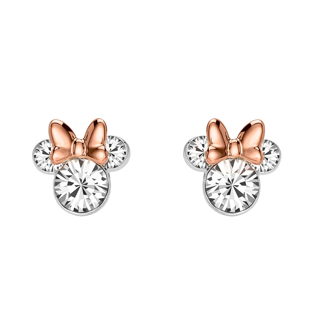 Pendientes Minnie Disney plateados con lazo oro rosa y cristales transparentes