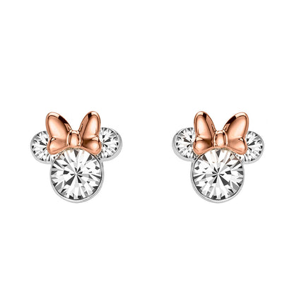 Pendientes Minnie Disney plateados con lazo oro rosa y cristales transparentes