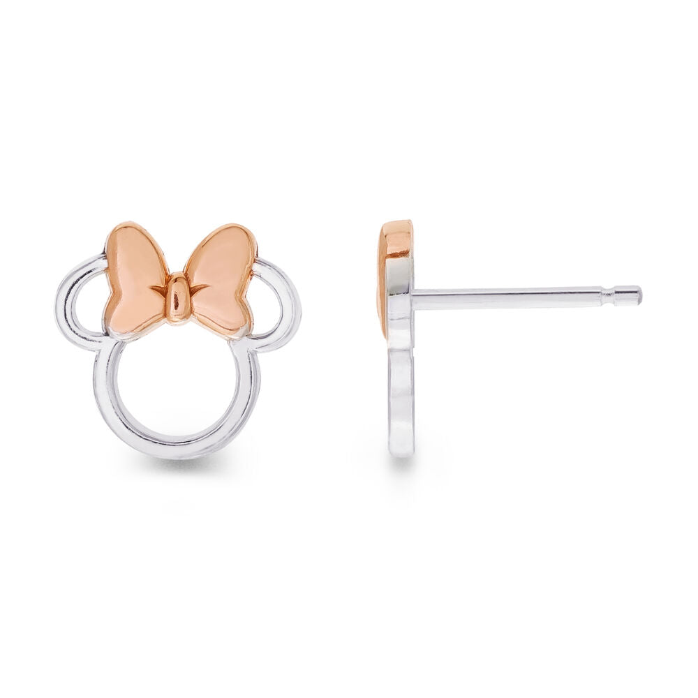 Pendientes Disney con silueta de Minnie y lazo en oro rosa - 2