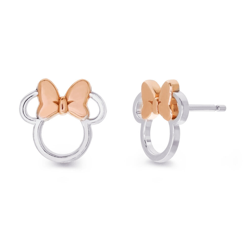 Pendientes Disney con silueta de Minnie y lazo en oro rosa