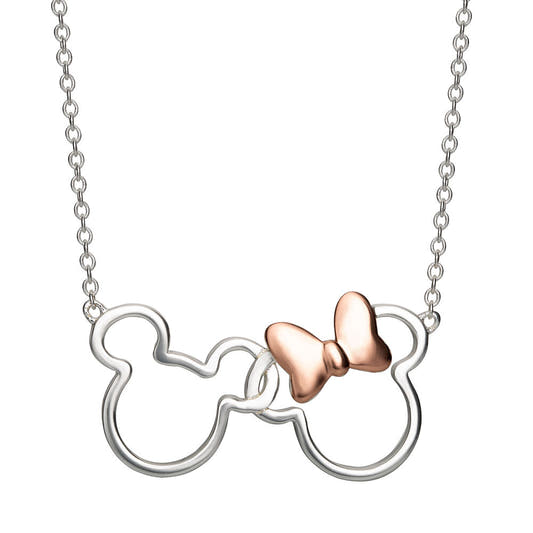Colgante Disney de Mickey y Minnie plateado con lazo en oro rosa