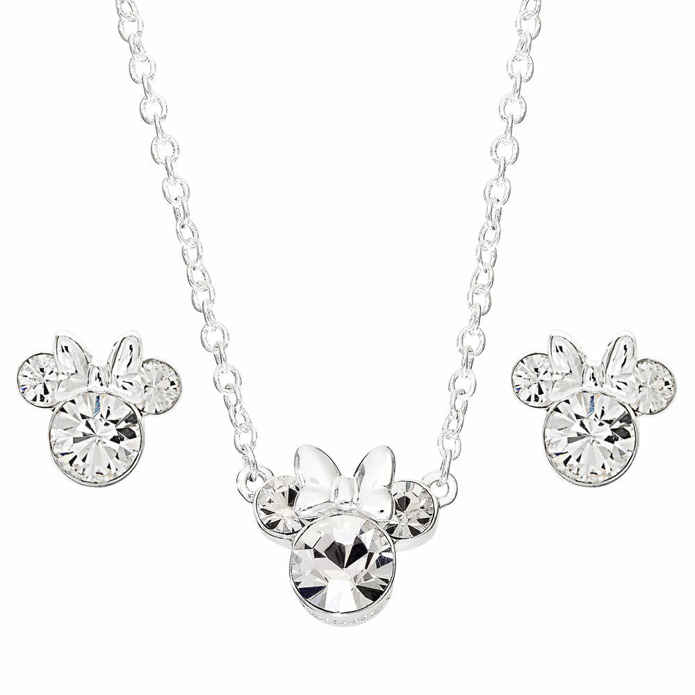Set de collar y pendientes Minnie Disney chapado en plata con cristales transparentes