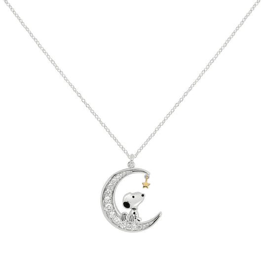 Colgante de luna con Snoopy, piedras blancas y estrella dorada