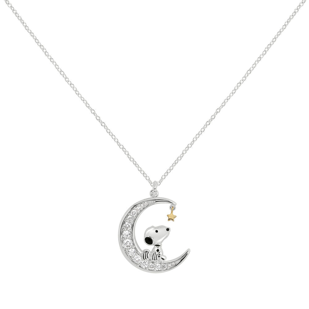 Colgante de luna con Snoopy, piedras blancas y estrella dorada