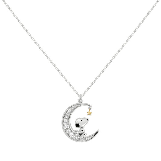 Colgante de luna con Snoopy, piedras blancas y estrella dorada