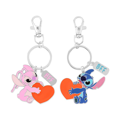 Set de dos llaveros Disney de Stitch y Angel con corazones naranjas