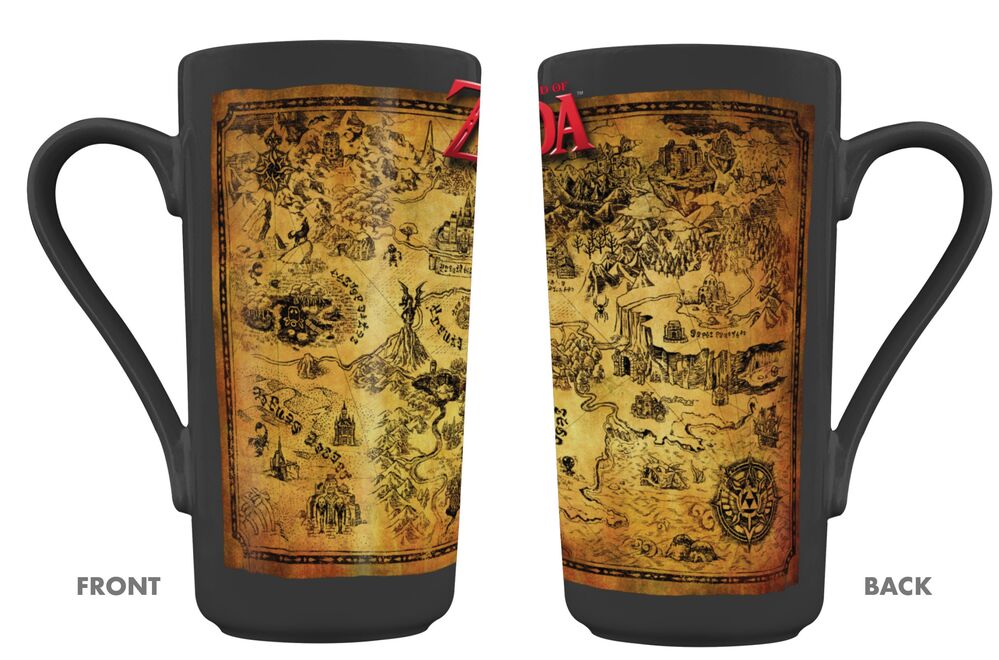 Taza de cerámica de The Legend of Zelda con mapa ilustrado y exterior negro
