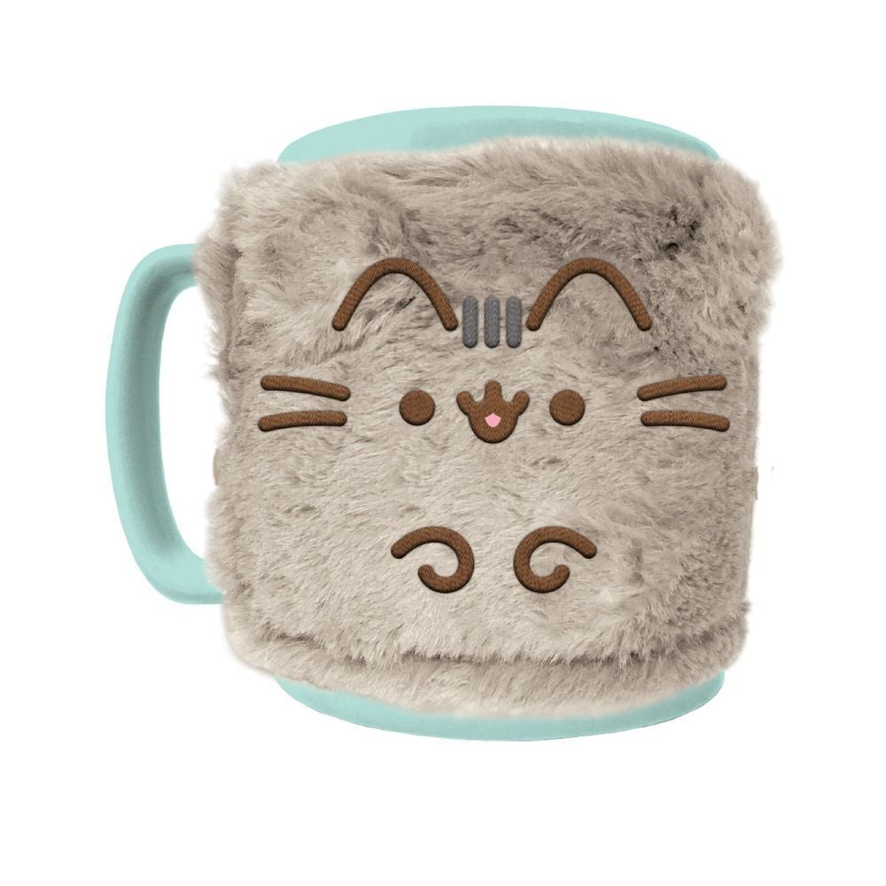 Taza Pusheen de cerámica con funda de peluche gris y asa turquesa