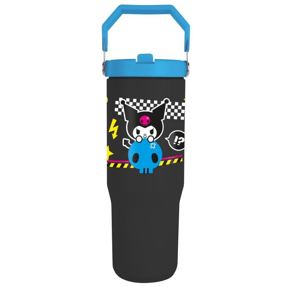 Vaso termo negro de Kuromi Hello Kitty con tapa y asa azul