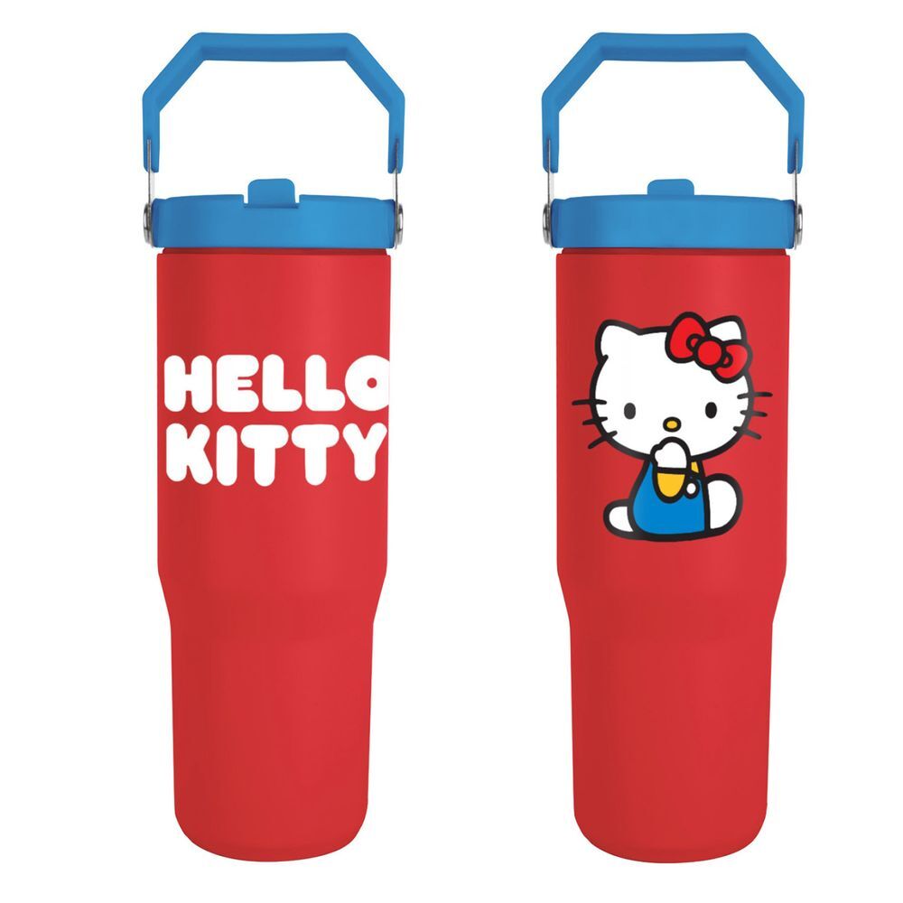 Vaso termo rojo de Hello Kitty con tapa y asa azul