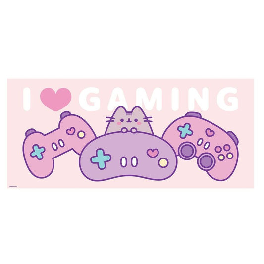Alfombrilla gaming rosa de Pusheen con mandos morados
