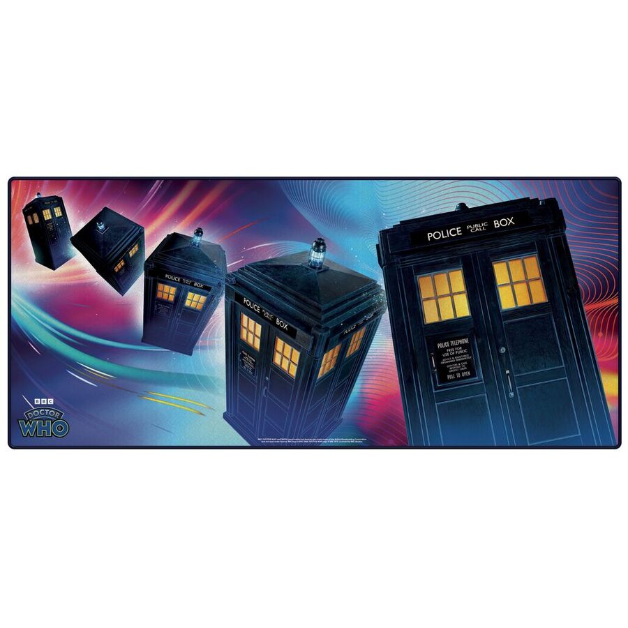 Alfombrilla gaming Doctor Who con varias TARDIS sobre fondo cósmico