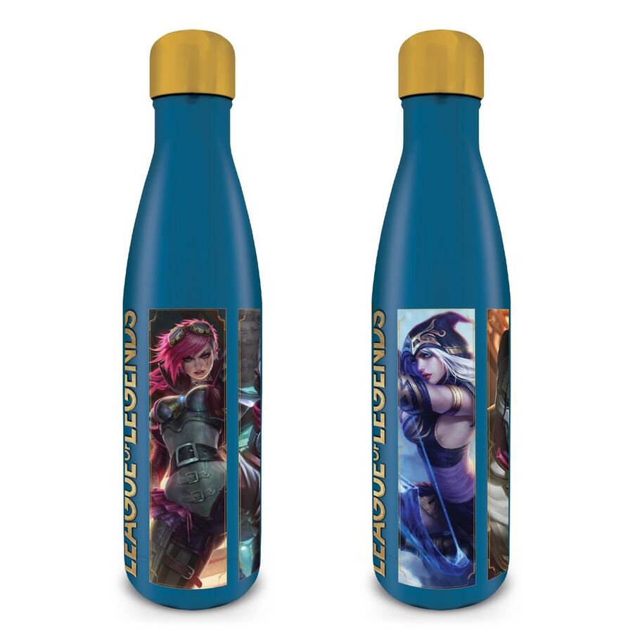 Botella azul de acero inoxidable de League of Legends con tapón dorado e ilustraciones de personajes