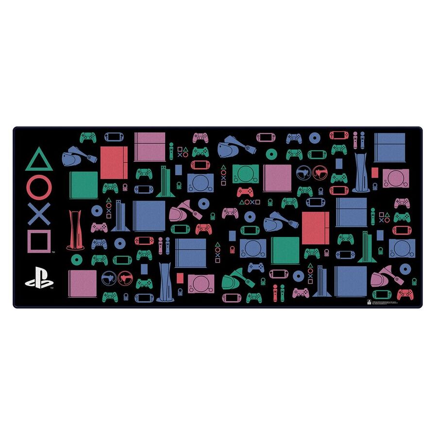 Alfombrilla gaming PlayStation negra con símbolos y mandos multicolor
