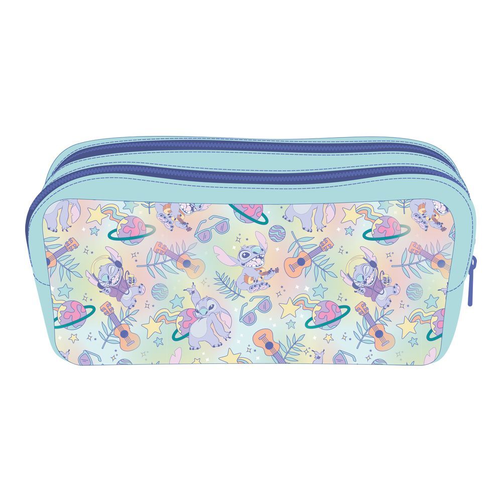 Portatodo doble de Stitch Disney azul pastel con estampado espacial y musical