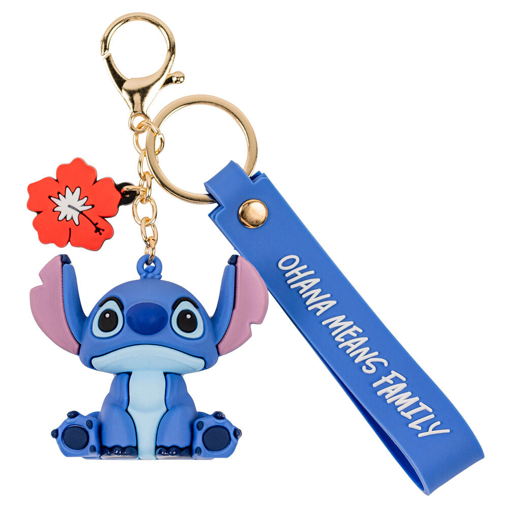Llavero 3D de Stitch Disney con correa azul y flor roja