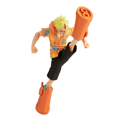 Figura de Sanji de One Piece en pose dinámica con camisa naranja floral