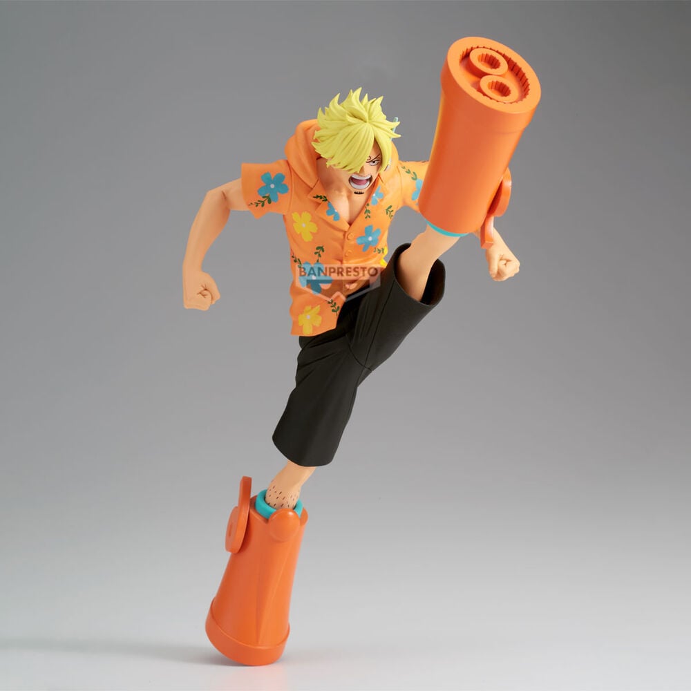 Figura de Sanji de One Piece en pose dinámica con camisa naranja floral - 2